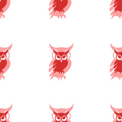Seamless pattern of large isolated red owl symbols. The elements are evenly spaced. Illustration on light red background