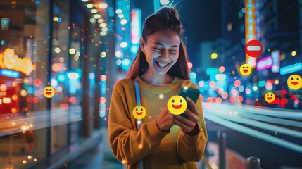 Happy young woman using a mobile phone and social media with emoji symbols on a city street at night,  - Powered by Adobe