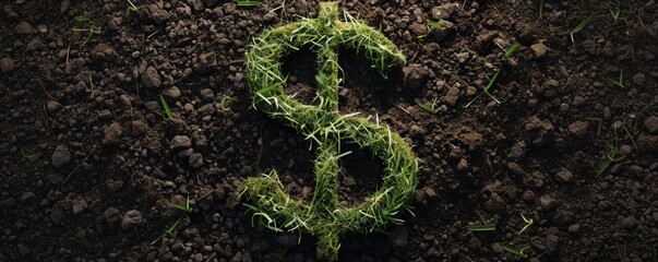 Green plant roots forming dollar sign on soil