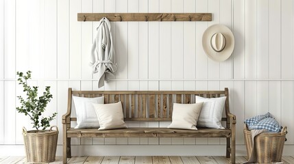 Hook wall mounted coat rack above wooden bench. Rustic country, farmhouse interior design of modern entryway. 
