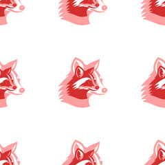 Obraz premium Seamless pattern of large isolated red raccoon head symbols. The elements are evenly spaced. Illustration on light red background