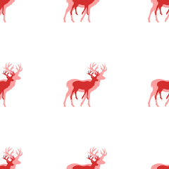 Seamless pattern of large isolated red deer symbols. The elements are evenly spaced. Illustration on light red background