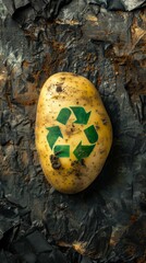 Potato with recycling symbol on a textured black background