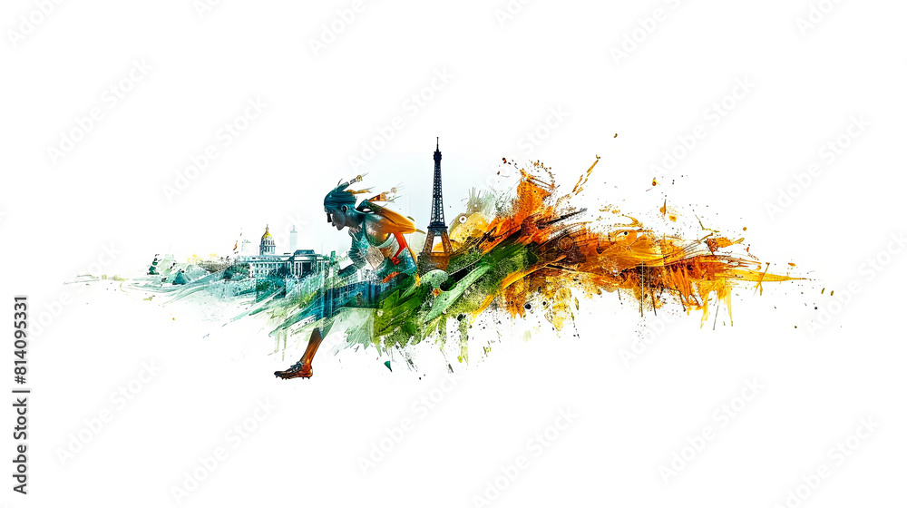 Wall mural simple line art minimalist collage illustration with professional track and field athlete and eiffel