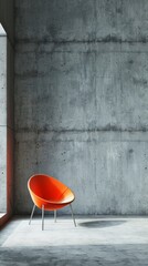 Orange modern chair in a minimalistic interior with concrete walls