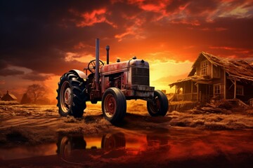 Obraz premium Rustic Tractor sunset. Farmland crop work. Generate Ai