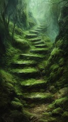 Moss-covered stone staircase in a misty forest
