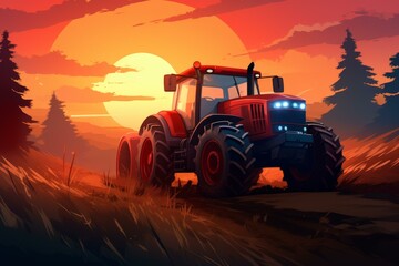 Obraz premium Rustic Tractor sunset art. Plow seed. Generate Ai