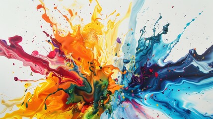 Vivid splashes of color erupting against a pure white backdrop, creating a mesmerizing display of vibrancy and energy.