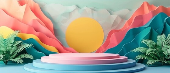 Vibrant Geometric Podium Platform with Nature Backdrop in Paper Illustration Style, Ideal for Product Showcases