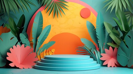Vibrant Geometric Podium Surrounded by Nature Background - 3D Paper Illustration with Sharp Details, Ideal for Artistic Presentations
