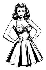 Fototapeta premium Black and white illustration. Fictional female character in the Pin Up style. Generated by Ai