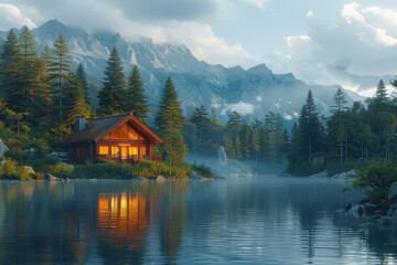 Fototapeta premium A tranquil lakeside retreat surrounded by towering pine trees, offering a serene escape from the hustle and bustle of city life. Concept of nature appreciation and relaxation. Generative Ai.