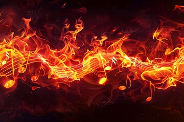 Fototapeta premium Fiery and burning sheet music with notes and treble clef on a black background.