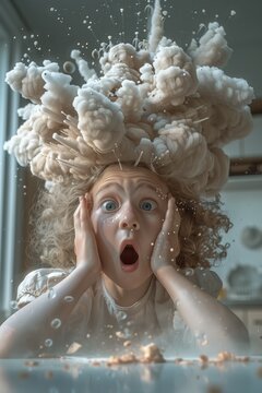 Funny shocked little kid with smoke cloud of nuclear explosion overhead. Strong surprised emotions of baby pictured with big bang above his head.
