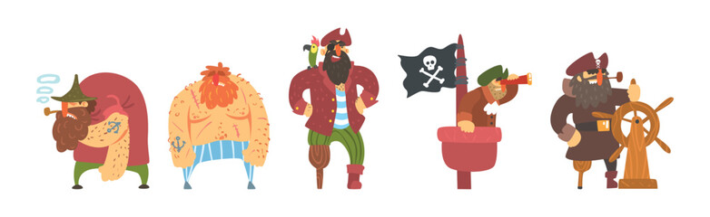 Pirate Man Character as Sea Robber Vector Set