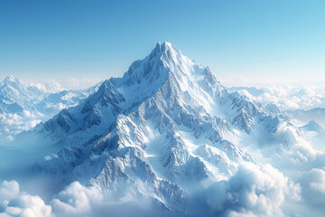 A majestic mountain range stretching across the horizon, its snow-capped peaks towering against the backdrop of a clear blue sky. Concept of awe-inspiring nature and adventure. Generative Ai. - Powered by Adobe