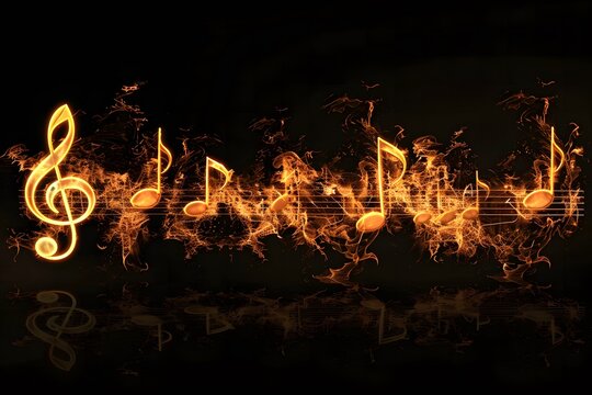 Fiery and burning sheet music with notes and treble clef on a black background.