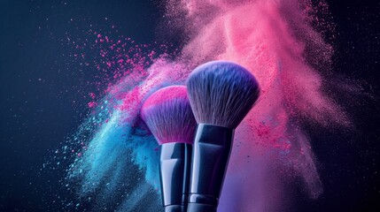 Makeup brushes with vibrant powder explosion on dark background
