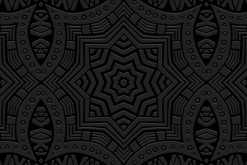 Embossed black background, tribal vintage cover design. Geometric unique 3D pattern, boho style. Ornaments, arabesques, handmade. Ethnic culture of the East, Asia, India, Mexico, Aztec, Peru.