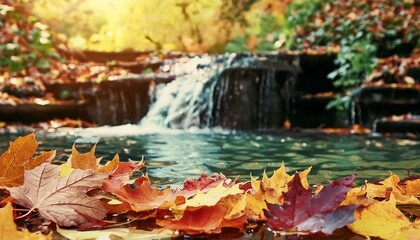 A picturesque waterfall flowing over colorful autumn leaves into a tranquil pool below. AI generated