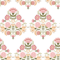 Muted seamless pattern with abstract symmetrical floral composition in folk style. Botanical fantasy flat illustration in boho style for wedding. Print design for textile or wallpaper