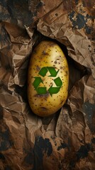 Potato with recycling symbol emerging from torn paper