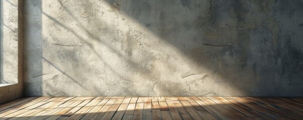 Empty room with concrete wall and wooden floor illuminated by sunlight