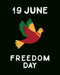 Juneteenth celebrating poster with pigeon traditional colors and text Freedom day. Vector flat hand drawn elements with text Freedom Day on black background. Vertical placard, banner for social media
