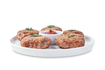 Buckwheat porridge ground meat onion burgers on a white isolated background