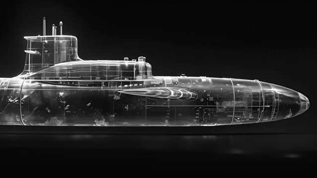 This black and white submarine navigating in the ocean depths. Black background