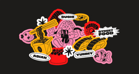 Set stickers sushi asian food. Retro cartoon patches, tags, labels. Ramen, noodles, street food, onigiri. Vector geometric set for cafes and restaurants