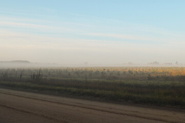 Dirt road and an open field on a foggy morning