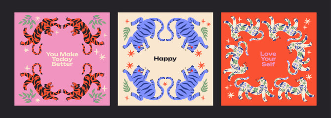 Abstract tropical posters with tigers and leaves in a 90s retro cartoon style. Asian and Chinese motifs, floral pattern with tigers and leorards. © Limpreom
