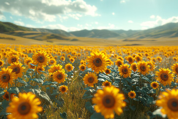 Obraz premium A sun-kissed field of sunflowers stretching towards the horizon, their golden petals swaying in the gentle breeze like dancers in a choreographed ballet. Generative Ai.