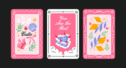 Cute abstract groovy posters in 90s style. Cartoon designs, birthday cards and wall posters. Plants, flowers, cake, bright trendy pattern in doodle style