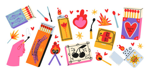 Set cartoon matches. Burning fire, matchboxes, match burns, flame, spark. Vector set of elements stickers  © Limpreom
