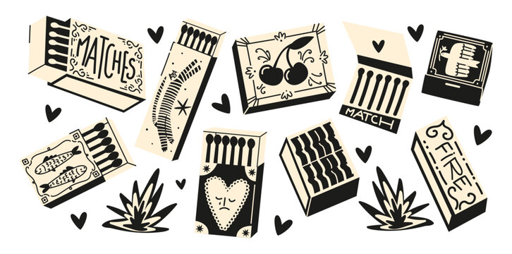 Set cartoon matches. Burning fire, matchboxes, match burns, flame, spark. Vector set of elements stickers	