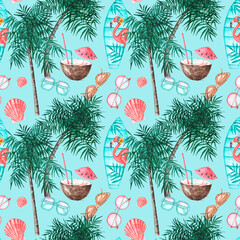 Sea vacation watercolor seamless pattern. South, tropics. Palm trees, coconut, cocktail, sunglasses, shells, surfboard. Bright colors. Blue background. For printing on fabric, textiles, paper, cards