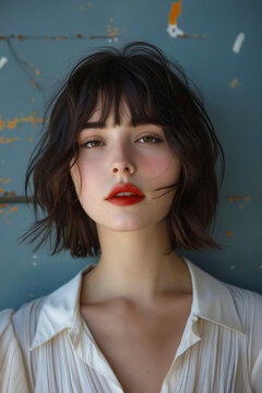 A woman with short hair and red lipstick.