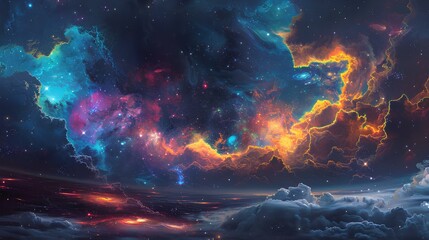 The image is a depiction of a nebula, a vast interstellar cloud of dust, hydrogen, helium and other ionized gases.