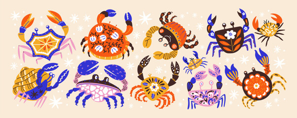 Obraz premium Set crabs and lobsters with patterns. Cartoon sea inhabitants, seafood in flat retro doodle style. Stickers for a restaurant or cafe.