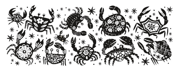 Set crabs and lobsters with patterns. Cartoon sea inhabitants, seafood in flat retro doodle style. Stickers for a restaurant or cafe.