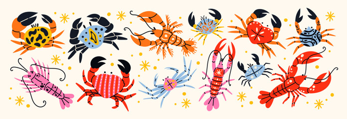 Set crabs and lobsters with patterns. Cartoon sea inhabitants, seafood in flat retro doodle style. Stickers for a restaurant or cafe.