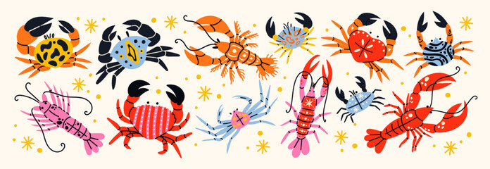 Naklejka premium Set crabs and lobsters with patterns. Cartoon sea inhabitants, seafood in flat retro doodle style. Stickers for a restaurant or cafe.