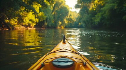 Kayak navigating through lush greenery on a serene river during a summer adventure - Powered by Adobe