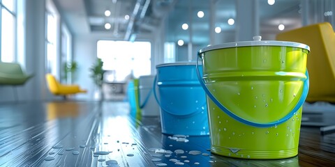 Office janitorial service uses purifier buckets for cleaning equipment in the office. Concept Janitorial Services, Cleaning Equipment, Purifier Buckets, Office Cleaning, Hygiene Maintenance