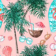 Relax watercolor seamless pattern. South, tropics, sea. Tourism, travel. Palm trees, coconut, cocktail, sunglasses, shells, surfboard. Pink background. For printing on fabric, textiles, paper, posters