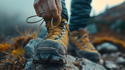 Close up of Hiker Tying Sturdy Shoelaces on Rugged Outdoor Trail with Textured Terrain