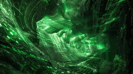 Matrix inferno, swirling green flames of code in a dark cavern